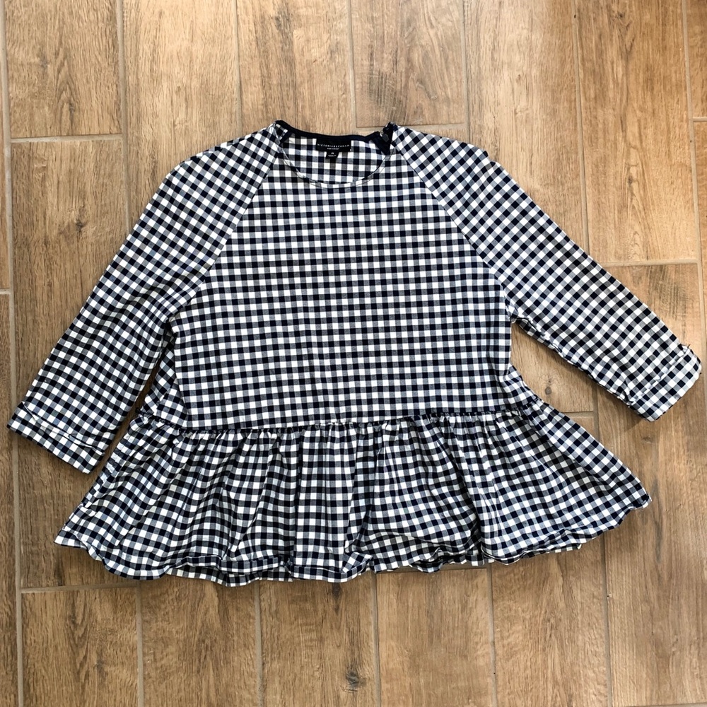 Navy Blue Loose Fitting Gingham Blouse Medium